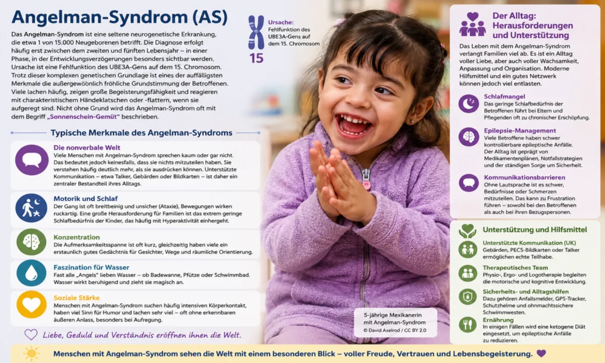 Mädchen mit Angelman-Syndrom lächelt – häufig als „Sonnenschein-Gemüt“ beschrieben